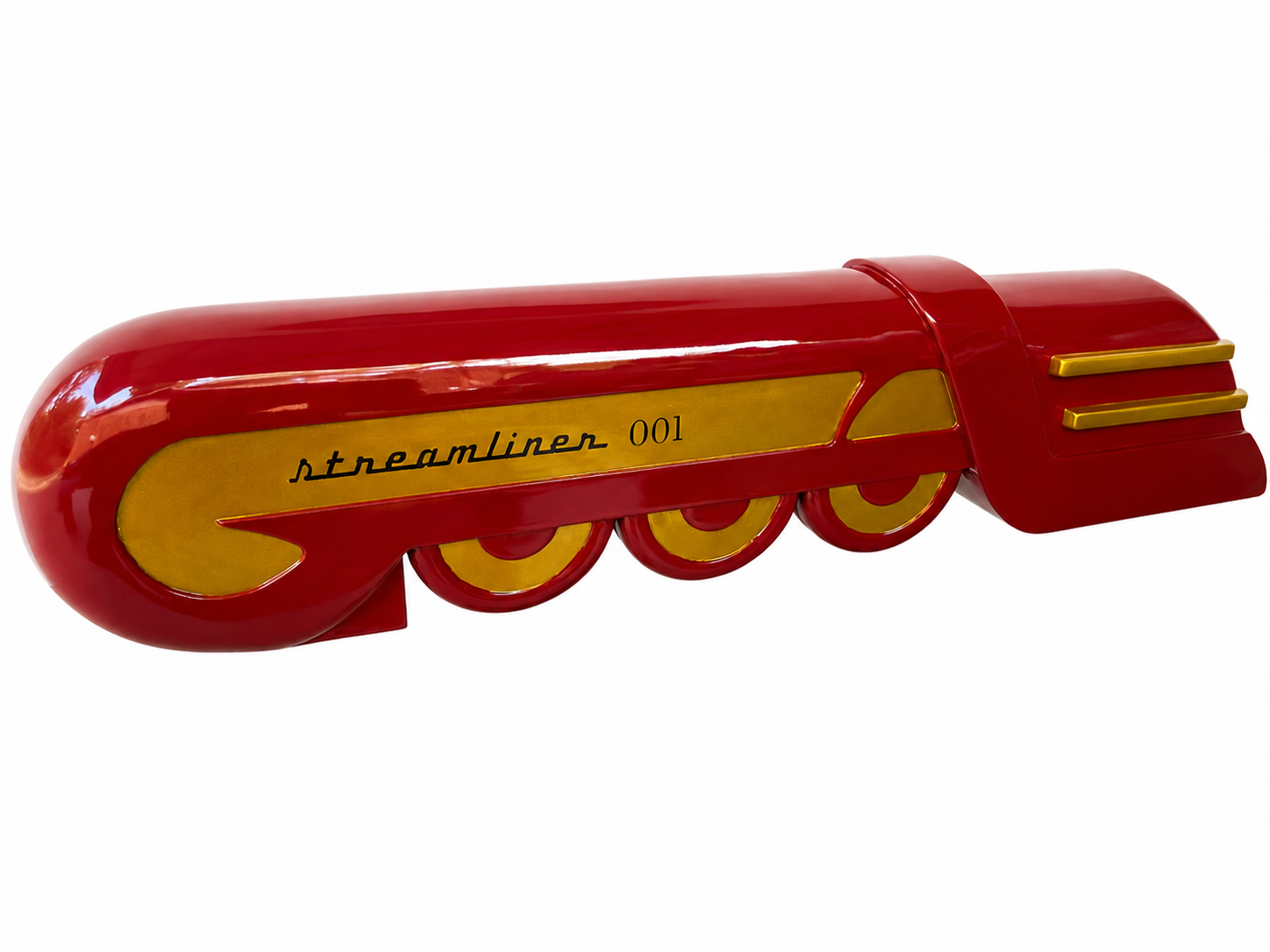 Maroon and gold lacquered teak streamliner train
