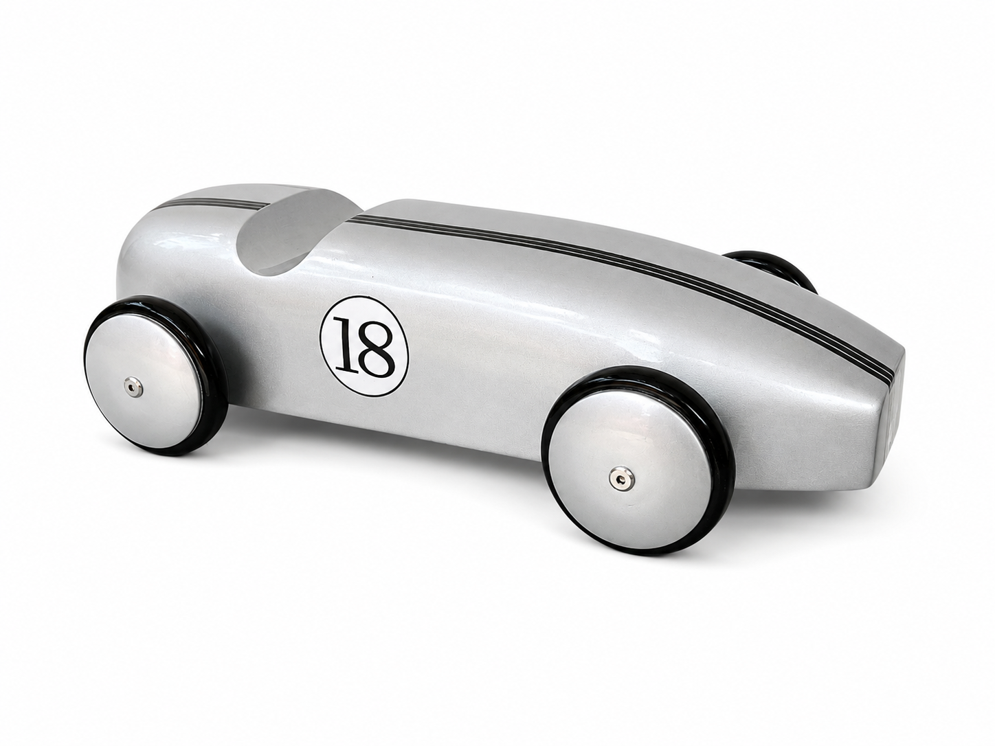 Silver lacquered teak race car