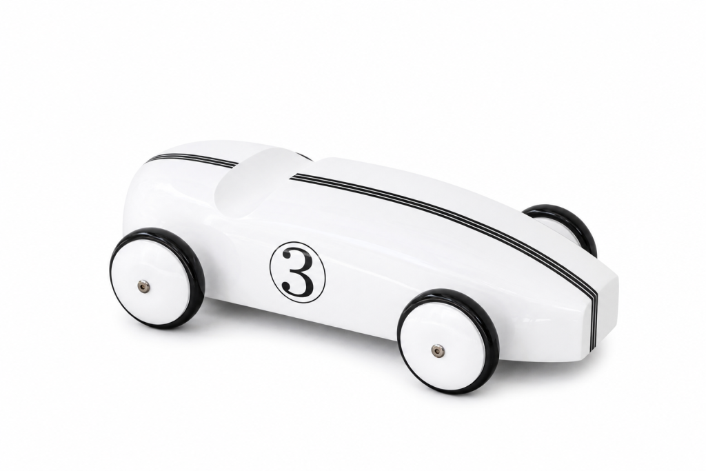 White lacquered teak race car
